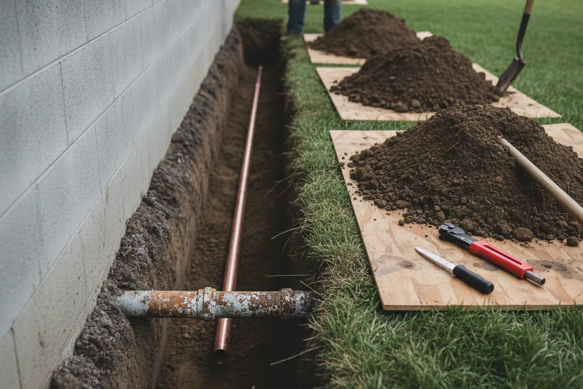 Excavated water line trench during Sewer Line Repair in Spring Run